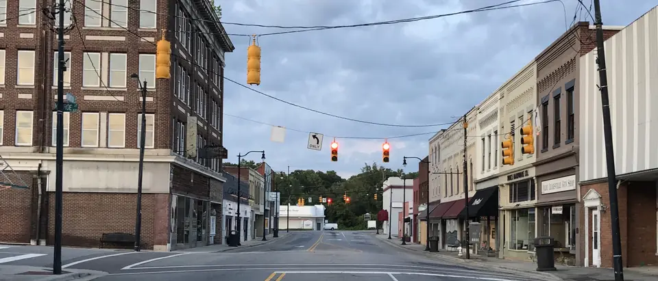 Washington Street in the old Leaksville downtown of Eden, NC, with historic brick buildings