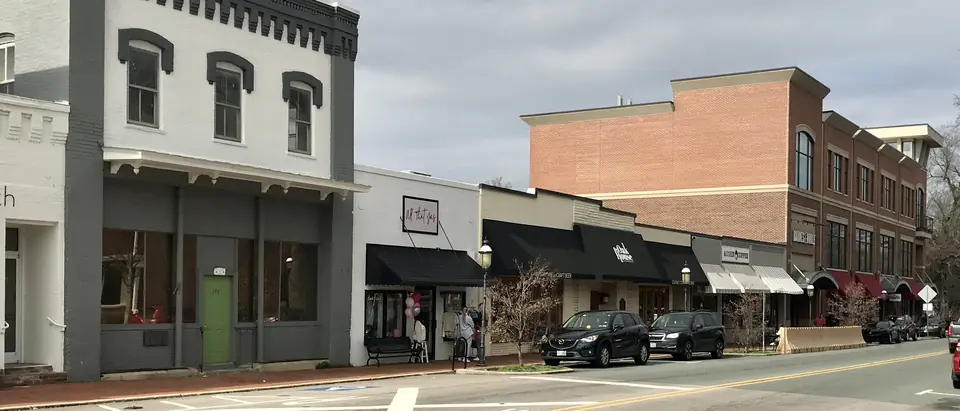 Shops along Williamson Avenue in downtown Elon, NC, next to the university