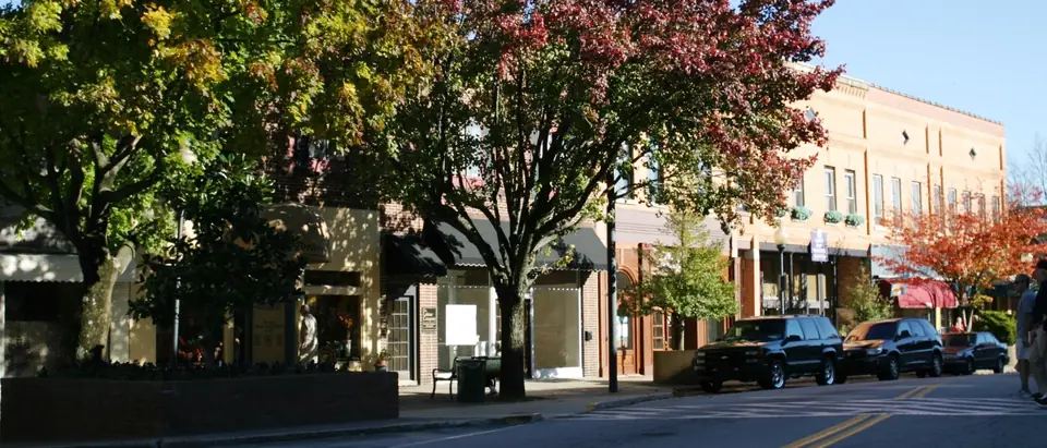 Main Street in downtown Hendersonville, NC, with shops and red-leafed street trees