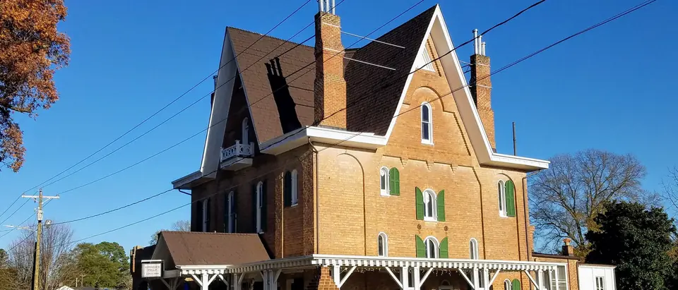 Korner's Folly, the town's famous Victorian brick landmark, on Main Street in Kernersville, NC