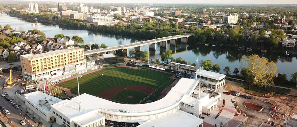 SRP Park ballpark and the Riverside Village buildings beside the Savannah River in North Augusta, SC