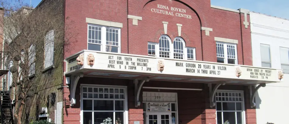 The red-brick Wilson Theatre, now the Edna Boykin Cultural Center, on a downtown street in Wilson, NC